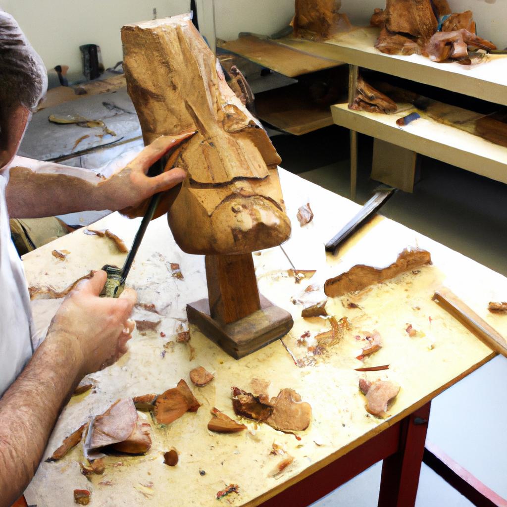Person carving wood for sculpture