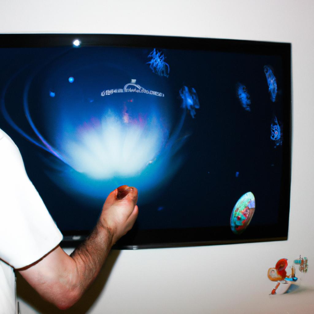 Person creating digital artwork on television