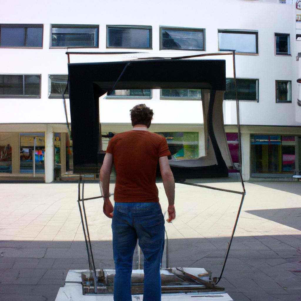 Person unveiling sculptural television installation