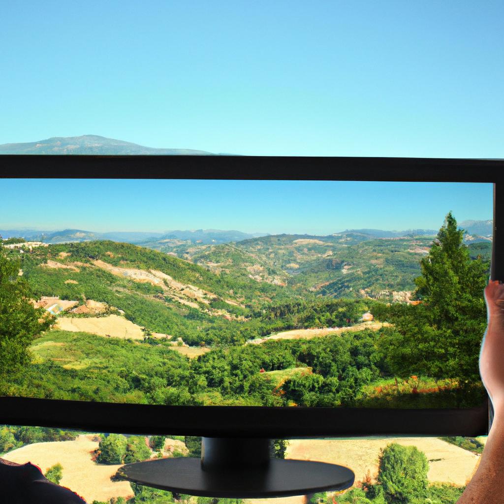 Person capturing scenic landscapes on TV