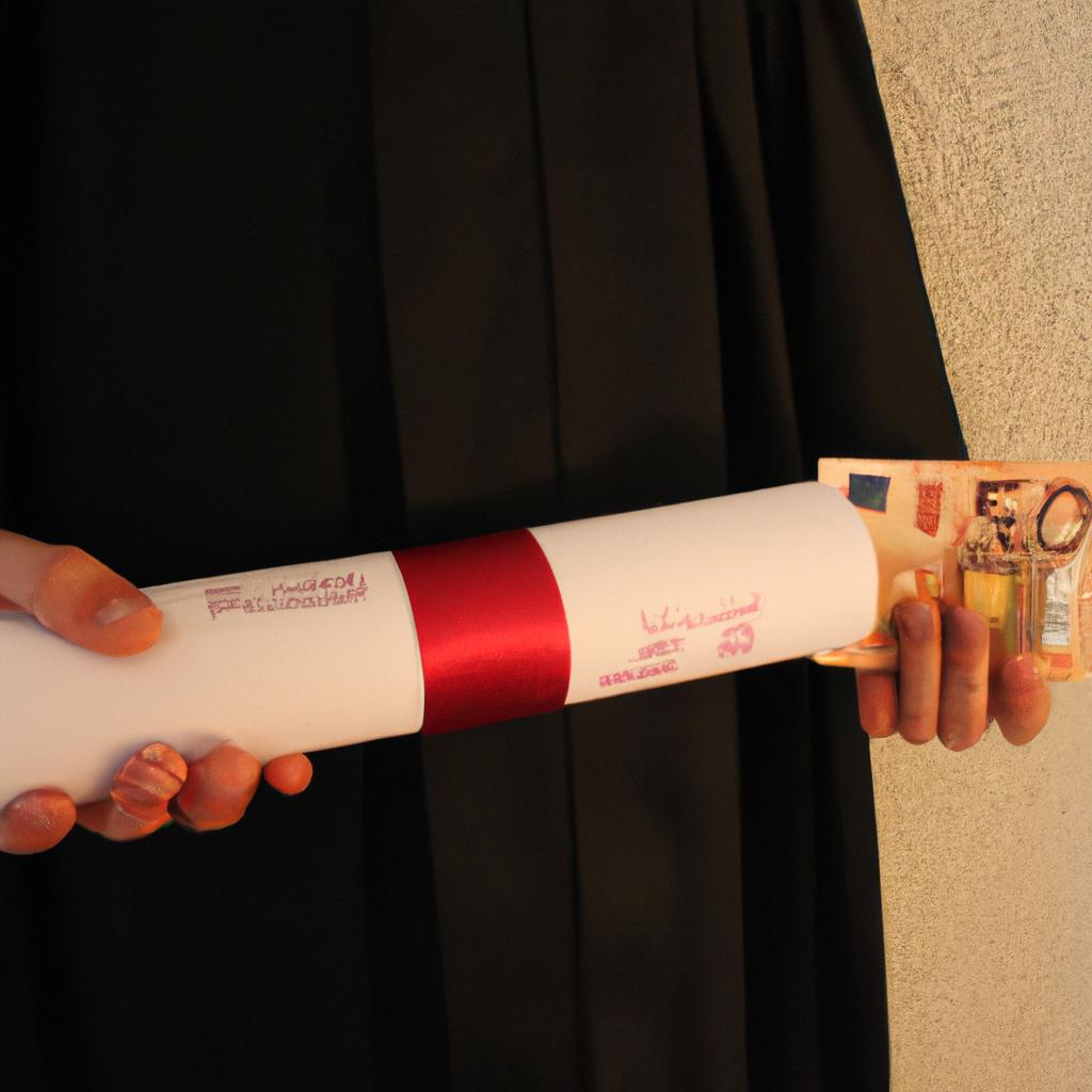 Person holding diploma and money